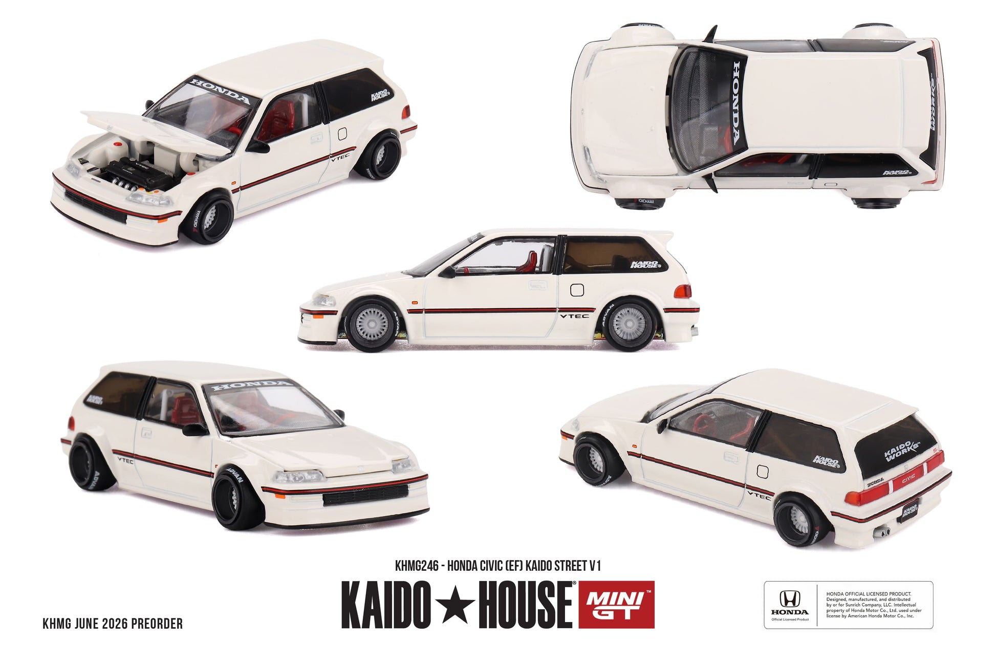 Kaido*House 1987 Honda Civic EF Kaido Street V1 in white with opening hood and detailed engine.