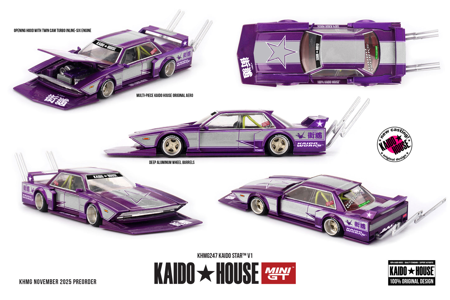 1:64 Kaido*House Kaido Star V1 1985 Purple/Silver – bosozoku-style die-cast with opening hood and detailed turbo engine.