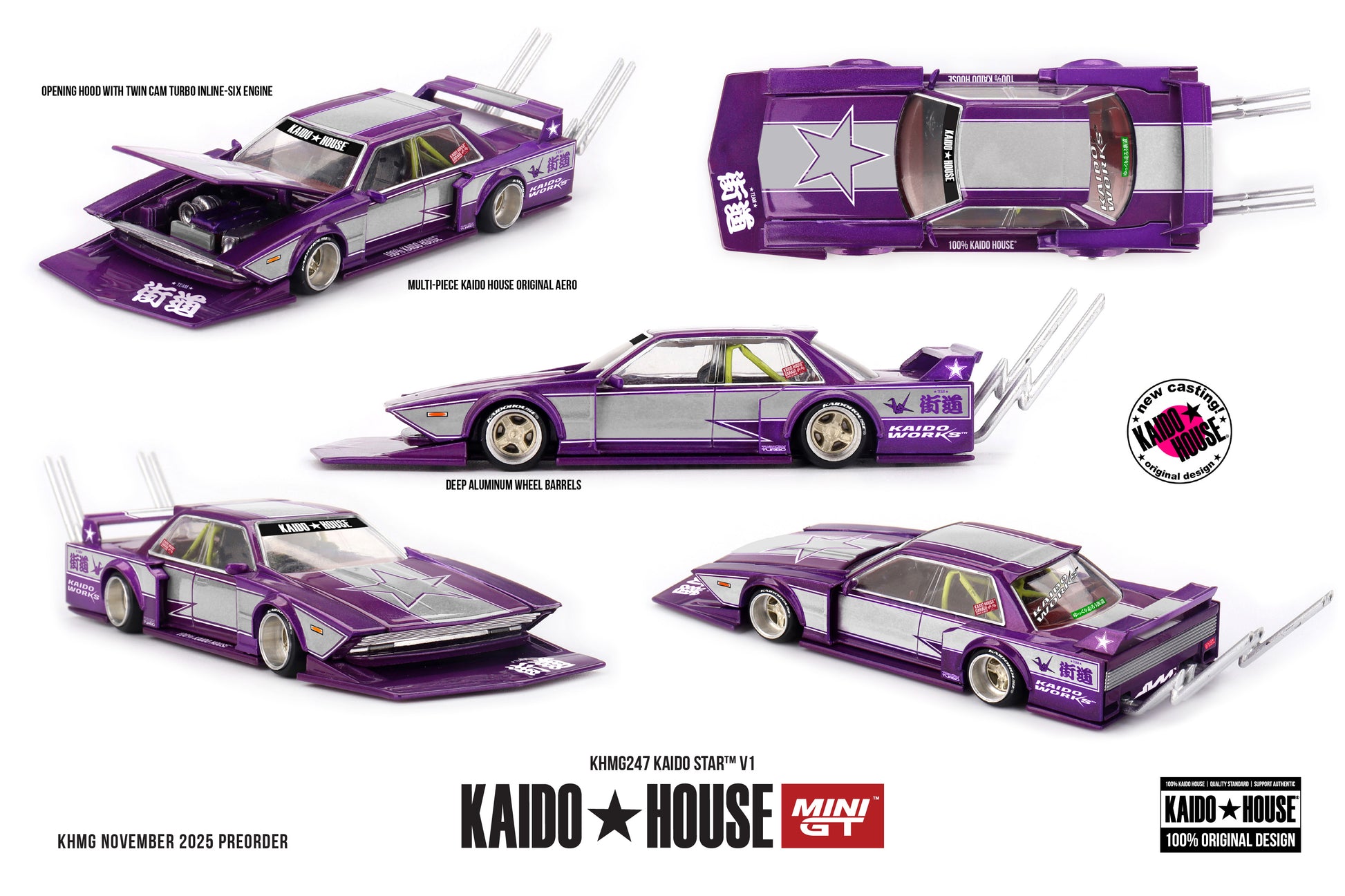 1:64 Kaido*House Kaido Star V1 1985 Purple/Silver – bosozoku-style die-cast with opening hood and detailed turbo engine.