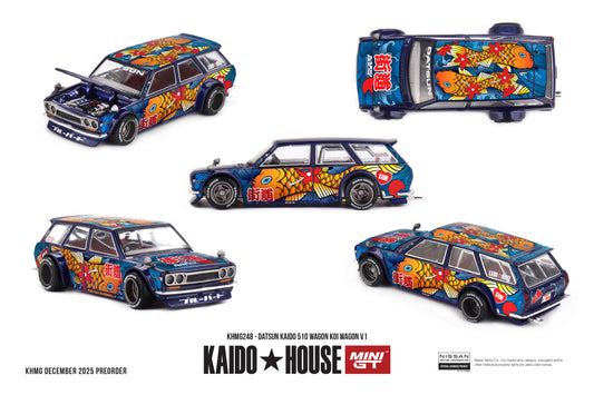 Kaido*House 1:64 Datsun 510 Wagon KOI V1 1969 blue with KOI fish livery widebody model.