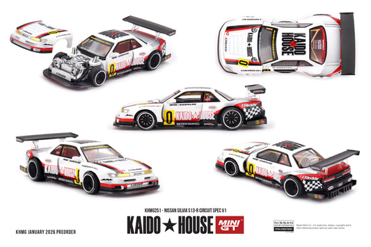 Kaido*House Nissan Silvia S13-R Circuit Spec V1 1991 white circuit livery removable hood twin turbo diecast 1:64