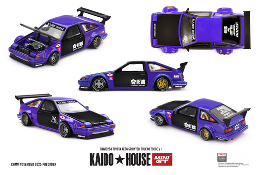 1:64 Kaido*House AE86 Sprinter Trueno Kaido Touge V1 Purple/Black – die-cast with new wing and opening hood.