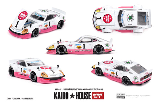 Kaido House 1:64 Nissan Fairlady Z 1969 Tamiya The Frog V1 white pink racing livery with opening hood model