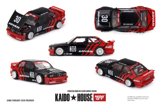 Kaido House 1:64 BMW M3 E30 Kaido Works Advan 2025 with opening hood diecast model