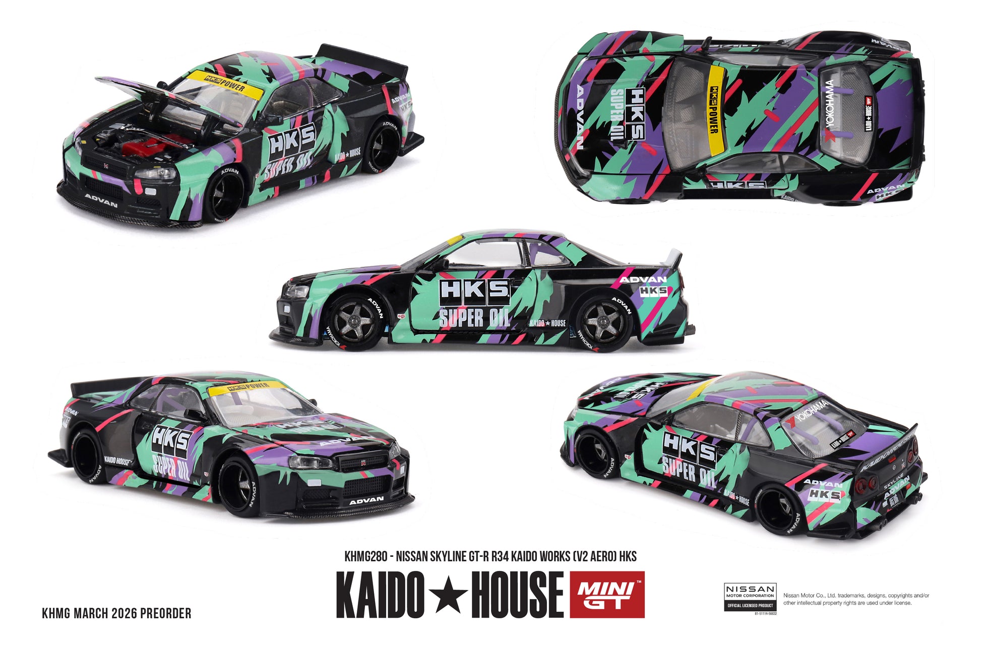Kaido House 1:64 Nissan Skyline GT-R R34 HKS camouflage livery opening hood diecast model