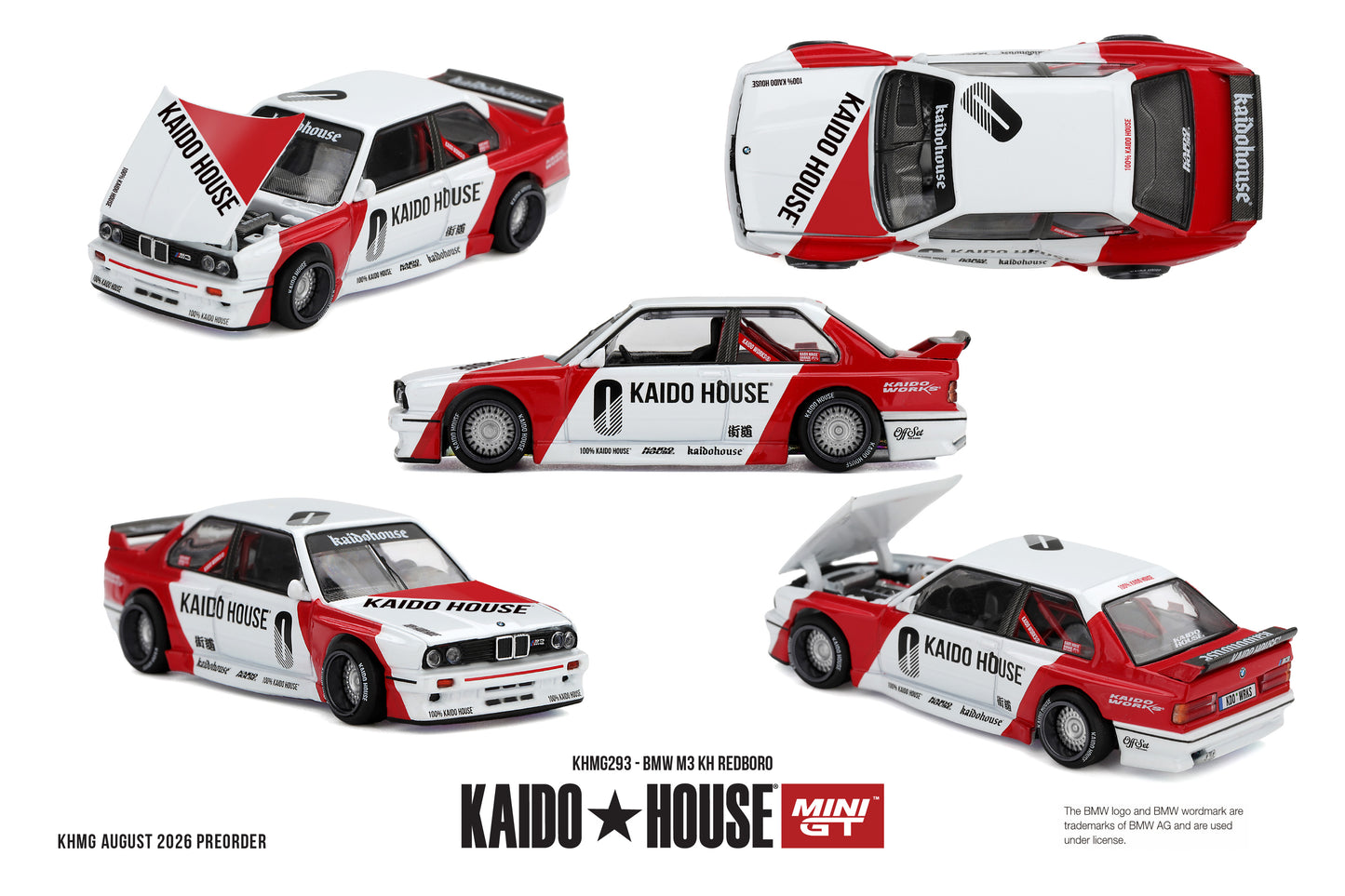 Kaido*House 1989 BMW M3 E30 KH Redboro with red and white racing livery and opening hood.