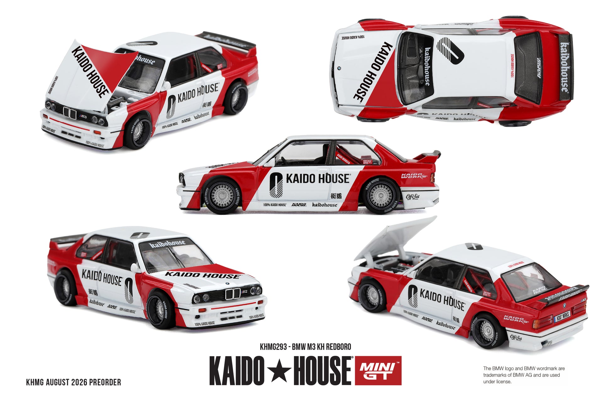 Kaido*House 1989 BMW M3 E30 KH Redboro with red and white racing livery and opening hood.