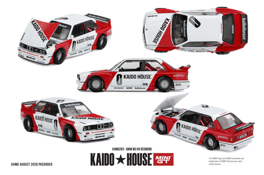 Kaido*House 1989 BMW M3 E30 KH Redboro with red and white racing livery and opening hood.
