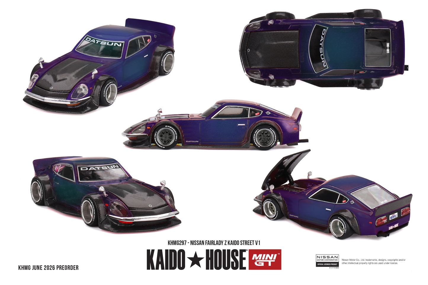 Kaido*House 1978 Nissan Fairlady Z Kaido Street V1 with carbon fiber-style hood, navy blue body, and opening hood.
