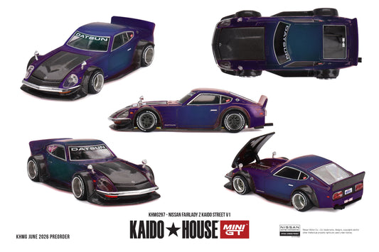 Kaido*House 1978 Nissan Fairlady Z Kaido Street V1 with carbon fiber-style hood, navy blue body, and opening hood.