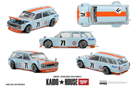 Kaido*House 1969 Datsun 510 Gulf Wagon with opening hood and detailed engine.