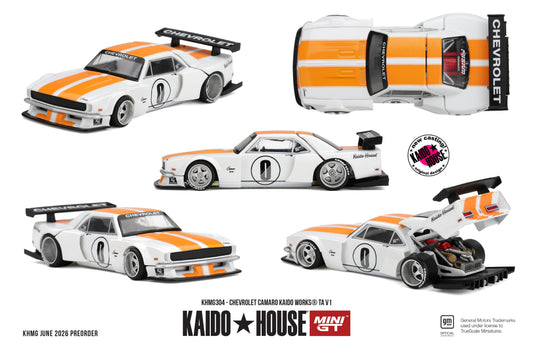 Kaido*House 1979 Chevrolet Camaro Kaido Works TA V1 in white with orange stripes and opening rear hatch.
