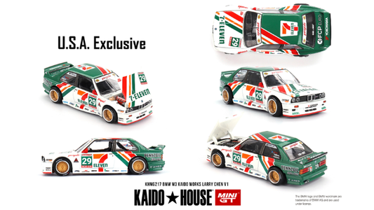 1:64 Kaido*House BMW M3 Larry Chen V1 in green and white 7-Eleven livery, featuring wide-body stance, racing decals, and custom aero details.