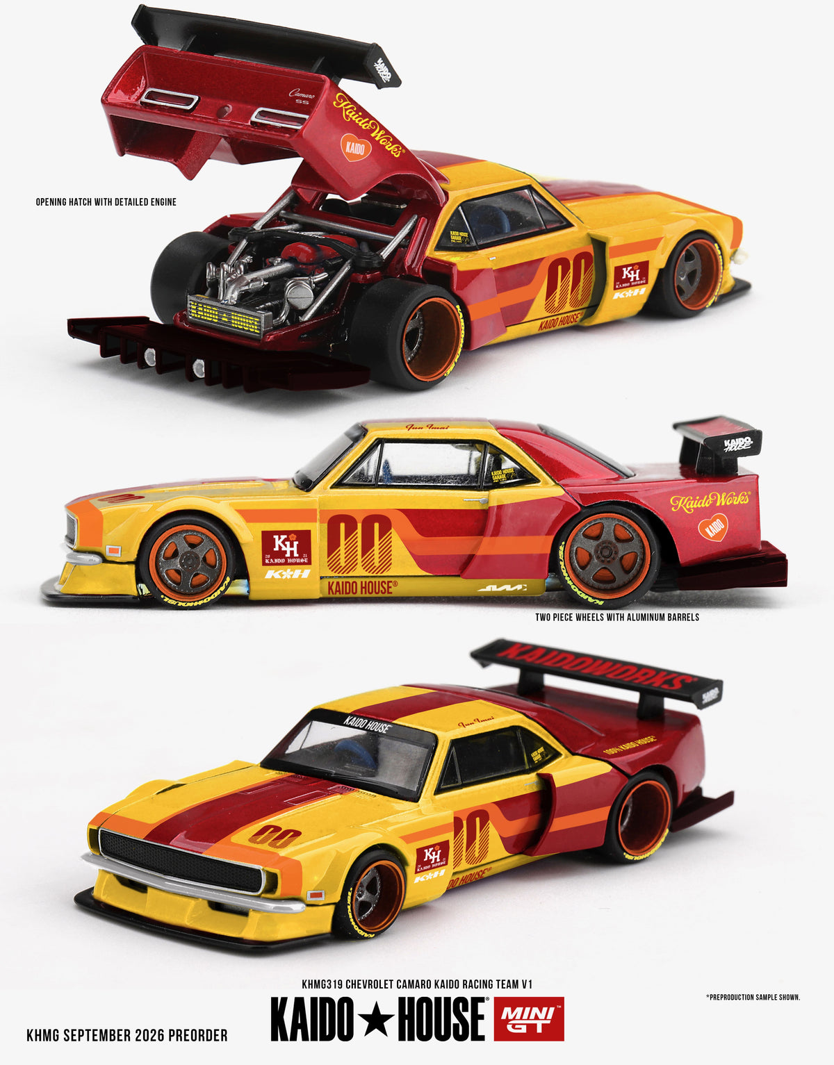 Kaido House Chevrolet Camaro Kaido Racing Team V1 1979 1:64 diecast model with rear-mounted engine and opening hatch
