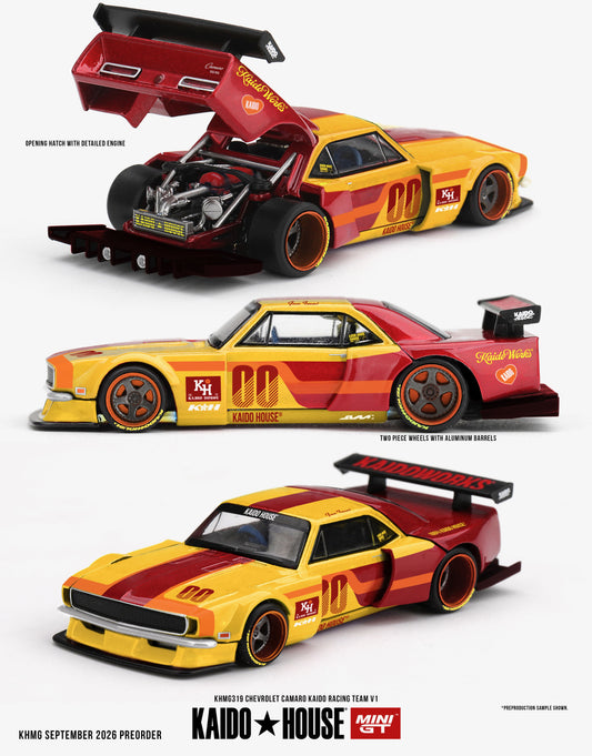 Kaido House Chevrolet Camaro Kaido Racing Team V1 1979 1:64 diecast model with rear-mounted engine and opening hatch