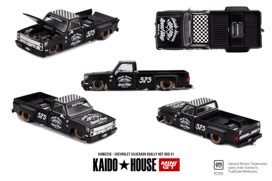 Kaido*House Chevrolet Silverado Dually Hot Rod V1 in matte black Speed Shop livery, featuring opening hood and tailgate, black wheels with copper lip, and lowered stance.