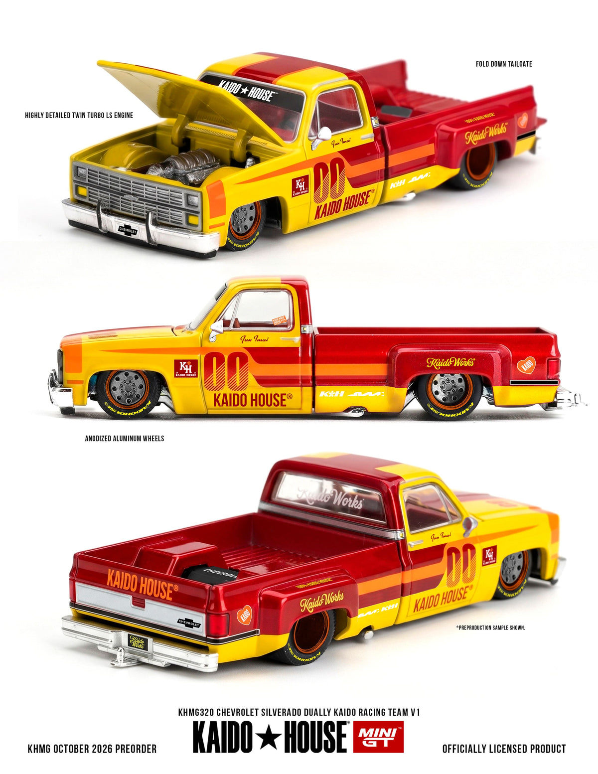 Kaido House Chevrolet Silverado Dually Kaido Racing Team V1 1980 1:64 diecast pickup with opening hood
