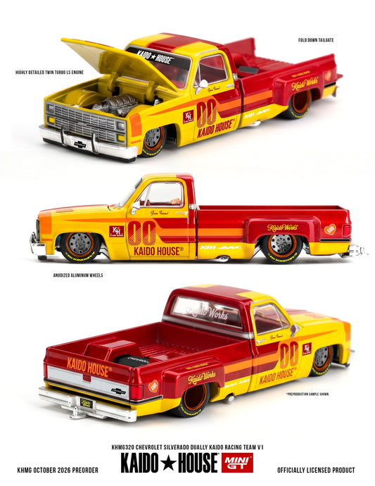 Kaido House Chevrolet Silverado Dually Kaido Racing Team V1 1980 1:64 diecast pickup with opening hood