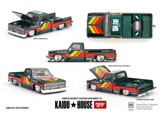 Kaido*House Chevrolet Silverado V3 in 1:64 scale with widebody fenders, lowered stance, and custom Kaido Works livery.
