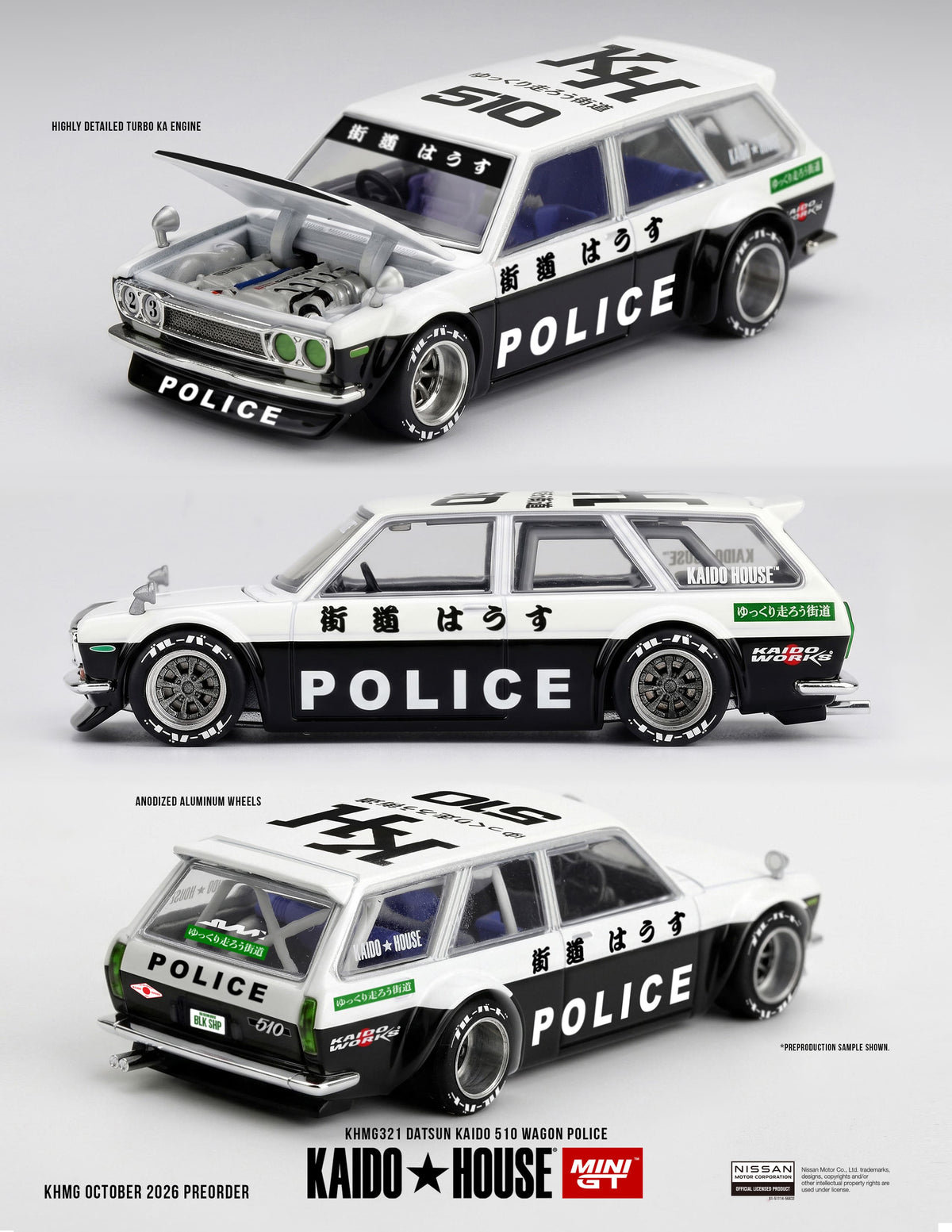 Kaido House Datsun 510 Wagon Police 1969 1:64 diecast model with police-themed styling and opening hood