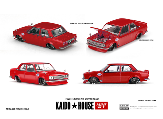 Kaido*House Datsun 510 Street NISMO V3 1969 in 1:64 scale with widebody kit and NISMO livery by Mini GT.