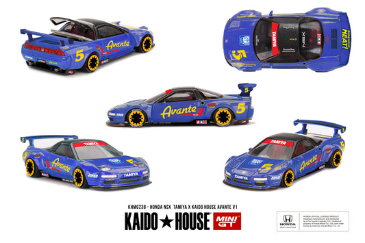 Kaido*House Honda NSX “AVANTE” V1 in metallic blue Tamiya-inspired livery, with carbon-fiber roof, working pop-up headlights, yellow-accented black rims, and opening rear window.
