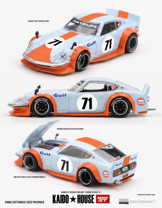 Kaido House Nissan Fairlady Z Kaido GT Gulf V1 1978 1:64 diecast model in Gulf racing colors with opening hood