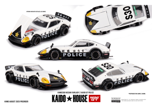 Kaido*House 1:64 Nissan Fairlady Z Kaido GT Police 1978 diecast with wide body and Japanese police livery.