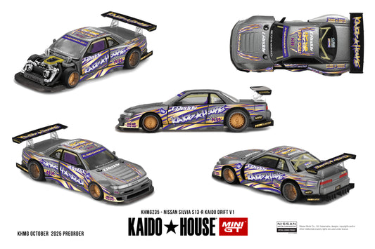 KaidoHouse Nissan Silvia S13-R in graffiti-style KaidoHouse and Greddy livery, featuring removable hood with twin-turbo engine, golden deep-dish wheels, and large rear wing.