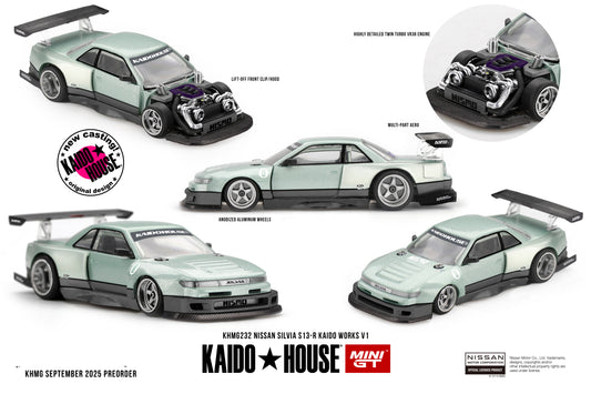 Kaido*House 1:64 Nissan Silvia S13-R Kaido Works V1 1991 with removable hood and twin-turbo engine detail