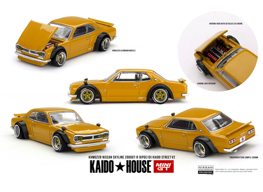 1:64 Kaido*House Nissan Skyline GT-R KPGC10 in Kaido Street V2 widebody style with custom livery and detailed finish.