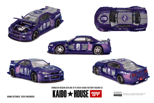 Kaido*House Nissan Skyline GT-R (R34) in Midnight Purple with racing graphics and number 0, featuring an opening hood, detailed engine, silver 5-spoke deep-dish wheels, ducktail spoiler, and Japanese characters on the grille.