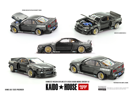 Kaido*House Nissan Skyline GT-R R34 Greddy V2 with widebody kit and race-inspired livery in 1:64 scale.