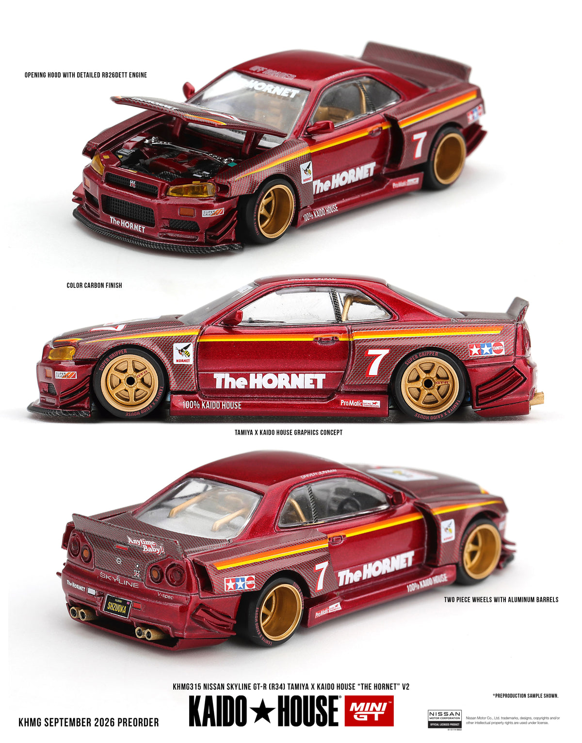 Kaido House Tamiya The Hornet V2 Nissan Skyline GT-R R34 1999 1:64 diecast model with opening hood
