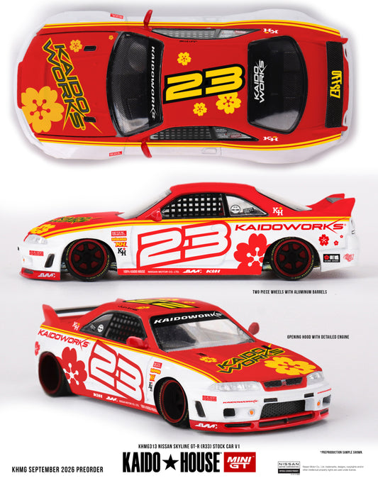 Kaido House Nissan Skyline GT-R R33 Kaido Stock Car V1 1995 1:64 diecast model with opening hood