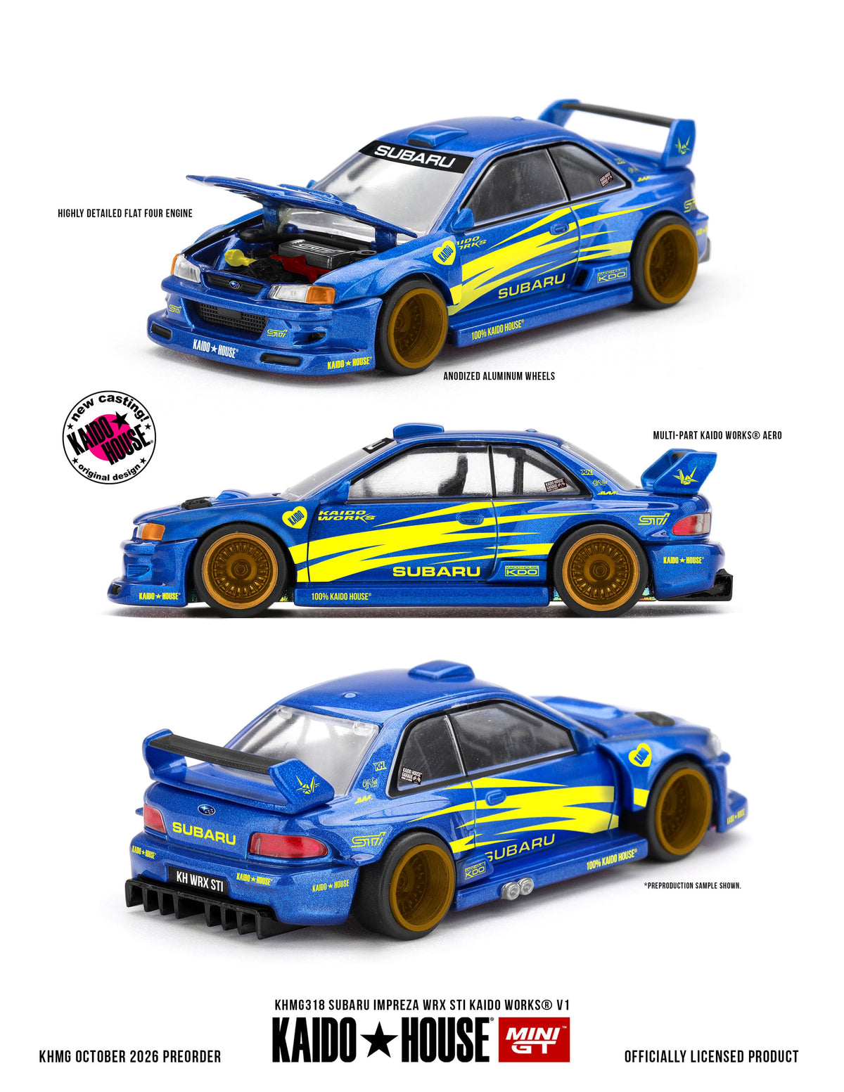 Kaido House Subaru Impreza WRX STI Kaido Works V1 1998 1:64 diecast model with new tooling and opening hood