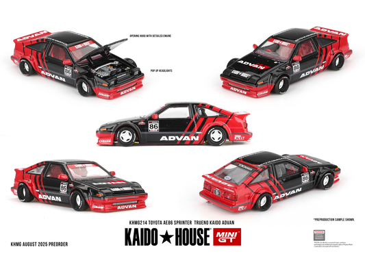 Kaido*House 1:64 Toyota AE86 Sprinter Trueno in ADVAN livery with wide body and open hood.