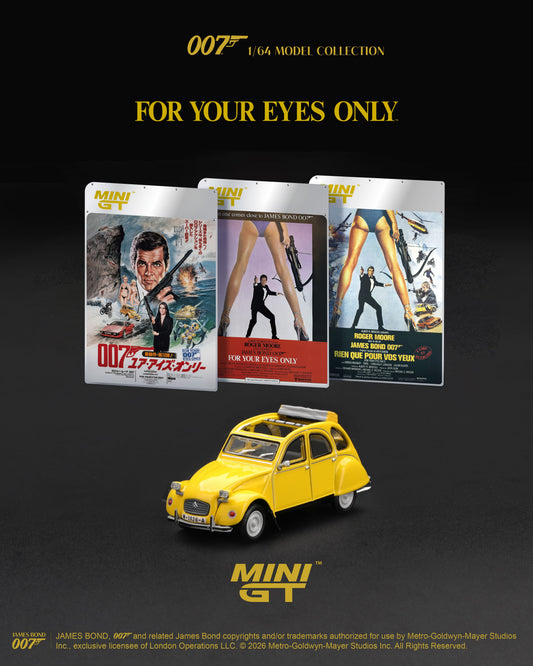 Mini GT Citroën 2CV from For Your Eyes Only in English blister packaging.