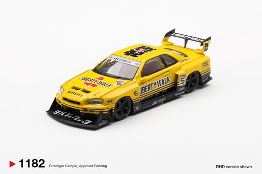 Mini GT 1:64 Nissan Skyline R34 Super Silhouette Sport Yellow 2025 diecast model. Front