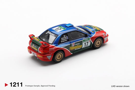 Mini GT 1:64 Subaru Impreza WRC98 #17 Rally New Zealand 2000 red blue rally diecast model. Back