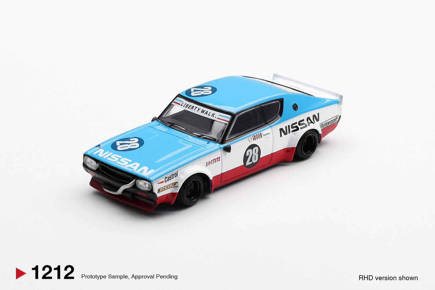 Mini GT 1:64 Nissan Skyline GT-R KPGC110 Kenmeri Liberty Walk Nissan Racing 75 Concept diecast model. Front