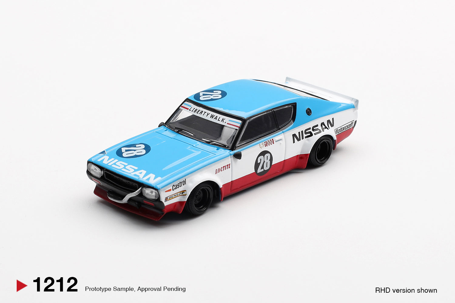Mini GT 1:64 Nissan Skyline GT-R KPGC110 Kenmeri Liberty Walk Nissan Racing 75 Concept diecast model. Front