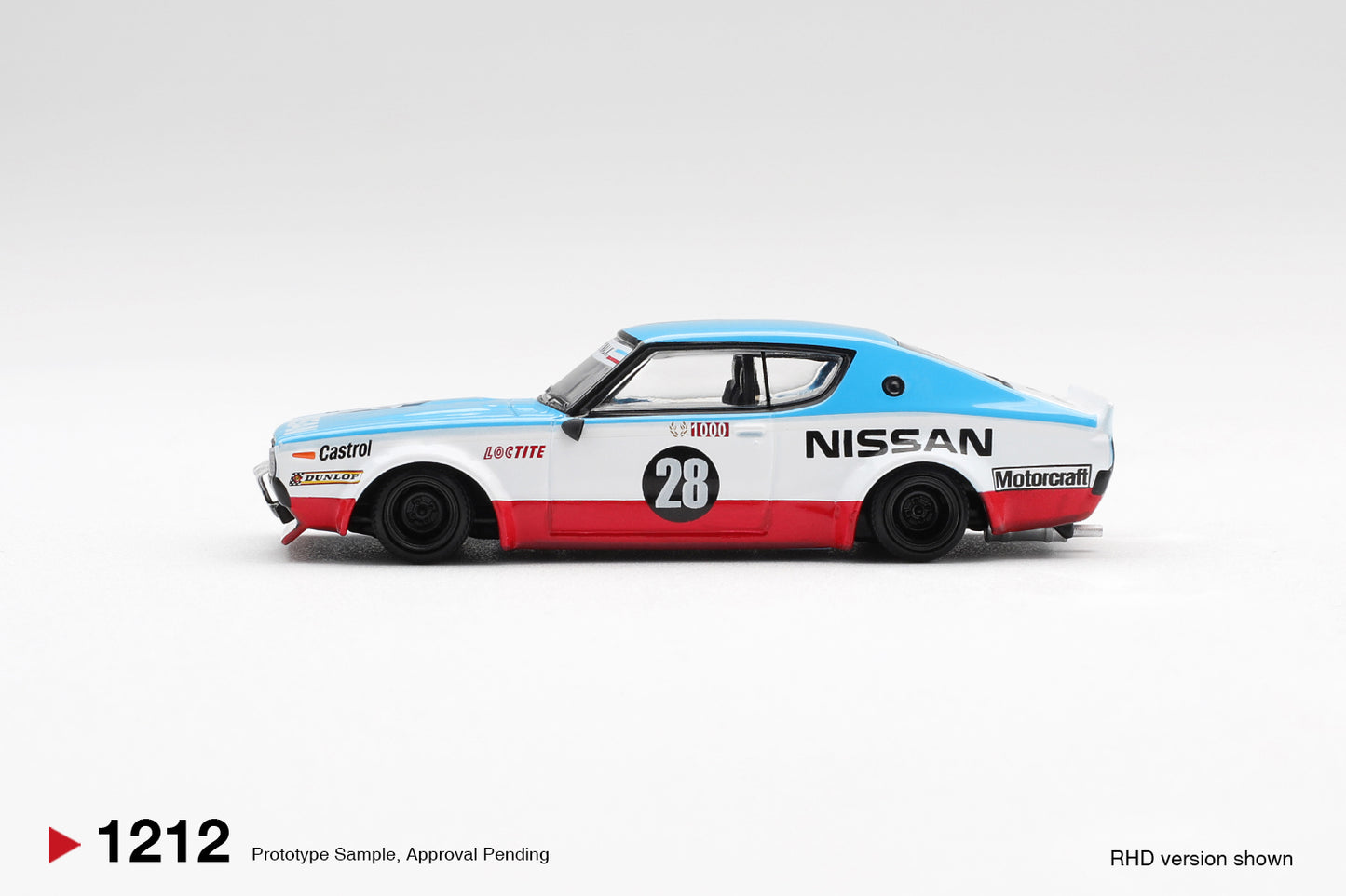Mini GT 1:64 Nissan Skyline GT-R KPGC110 Kenmeri Liberty Walk Nissan Racing 75 Concept diecast model. Side