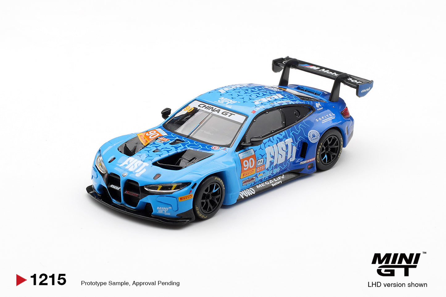 Mini GT 1:64 BMW M4 GT3 EVO #90 FIST Team AAI 2025 China GT race car diecast model. Front