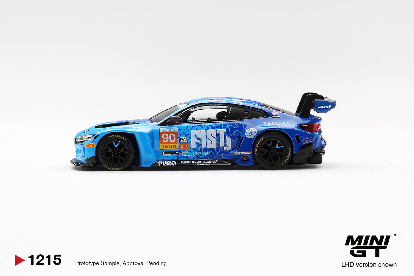 Mini GT 1:64 BMW M4 GT3 EVO #90 FIST Team AAI 2025 China GT race car diecast model. Side