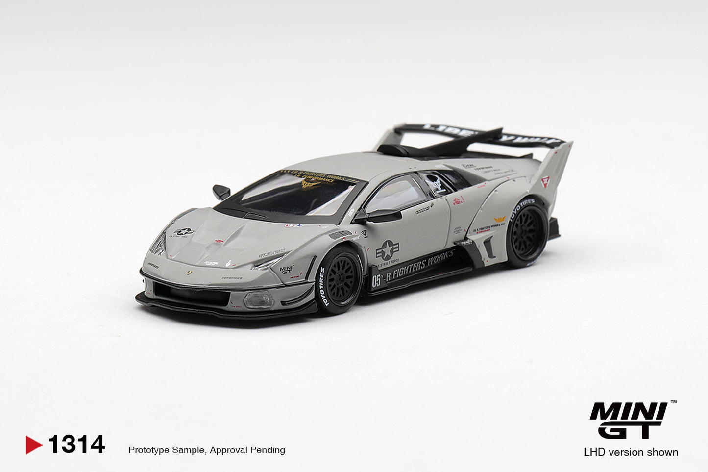 Mini GT Lamborghini GT EVO LB-Silhouette Works Murciélago 2025 with Liberty Walk widebody. Front