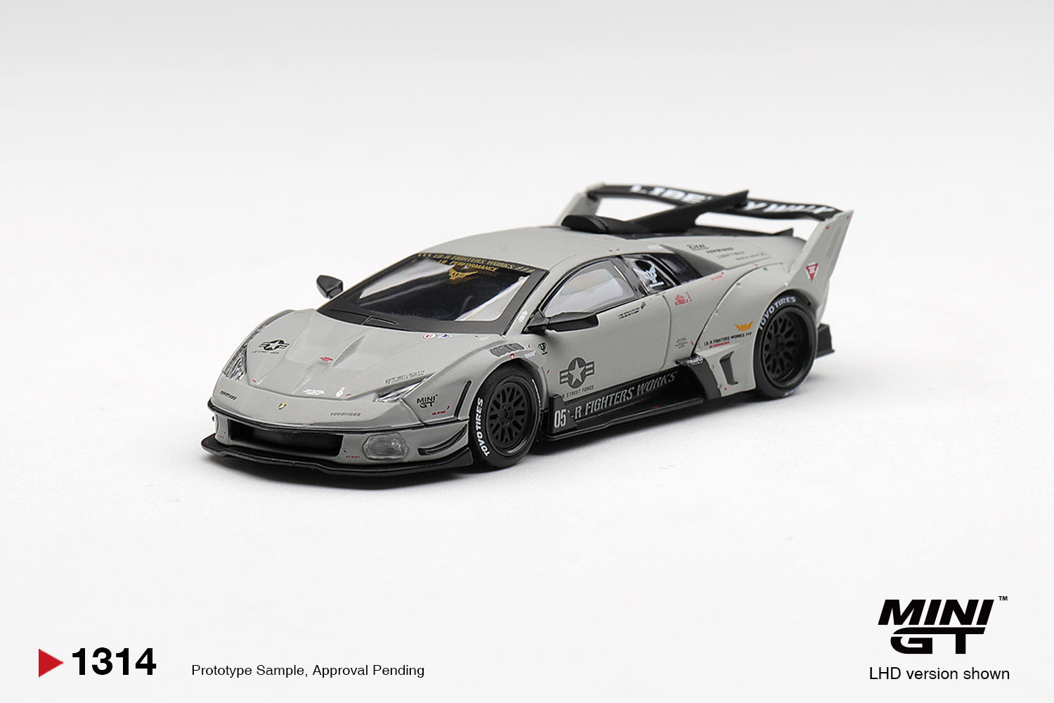 Mini GT Lamborghini GT EVO LB-Silhouette Works Murciélago 2025 with Liberty Walk widebody. Front