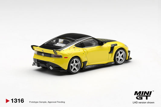 Mini GT Nissan FFZ400 VeilSide in Ikazuchi Yellow with aggressive widebody styling. Back