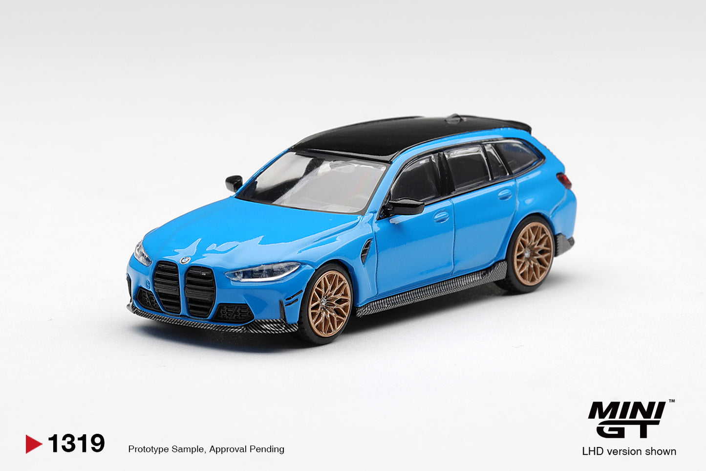 Mini GT BMW M3 M Performance Touring in Riviera Blue. Front