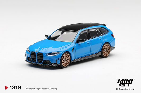 Mini GT BMW M3 M Performance Touring in Riviera Blue. Front